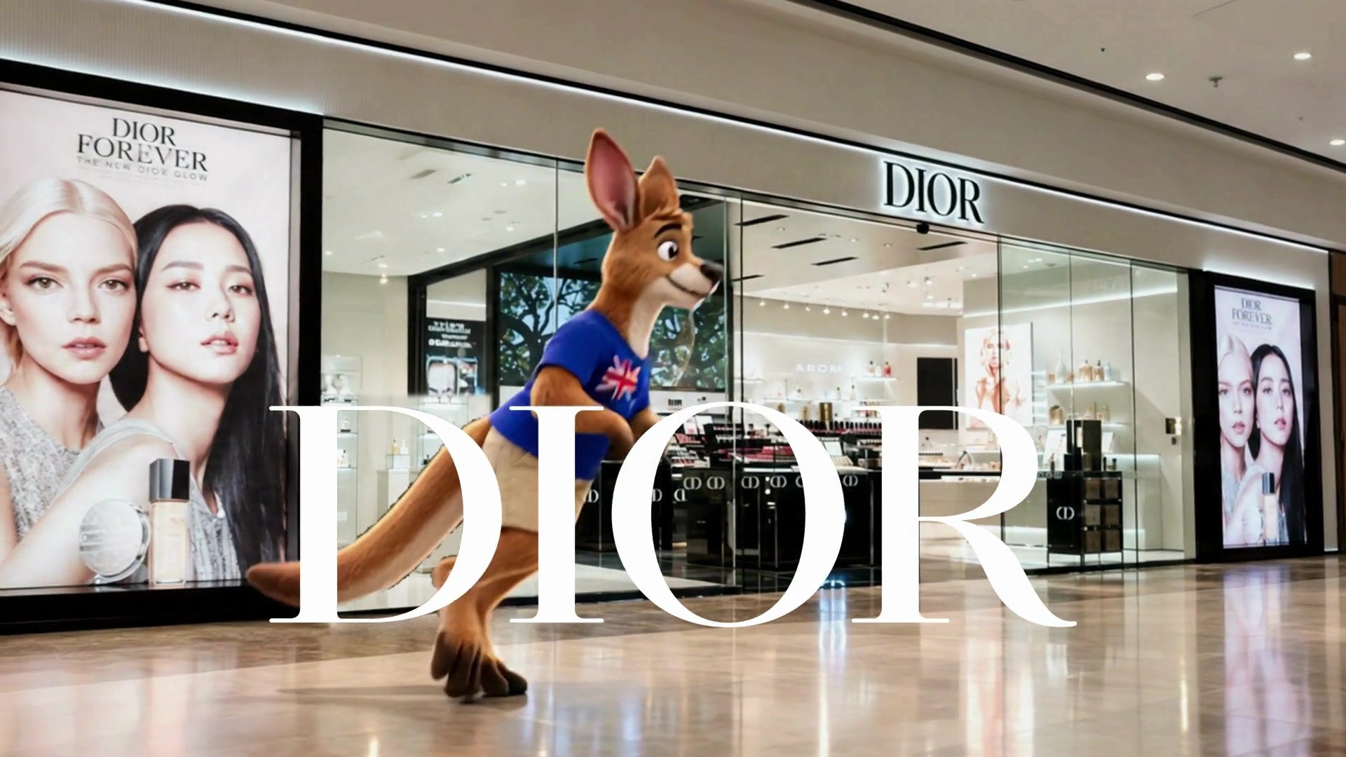 The kangaroo from the DKT film outside the Dior Parramatta boutique.