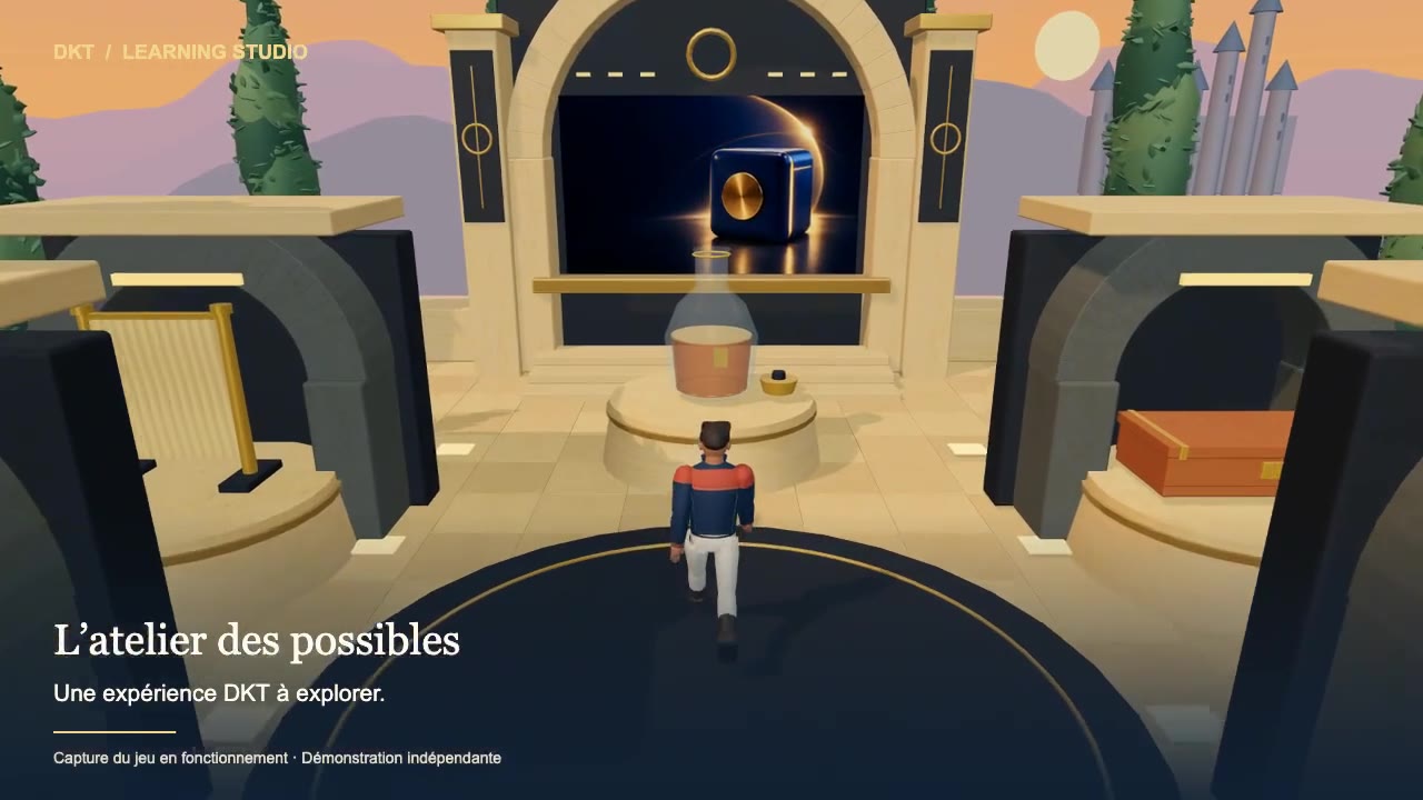 Capture du jeu DKT : la cour en 3D et ses cinq ateliers.
